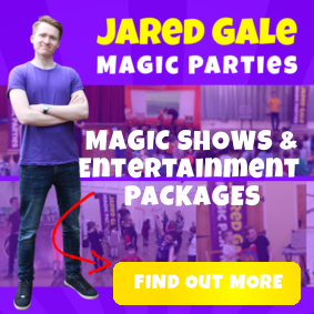 Jared Gale ,Children's entertainer, standing and smiling. Click on the photo for more details on children's magic shows and parties